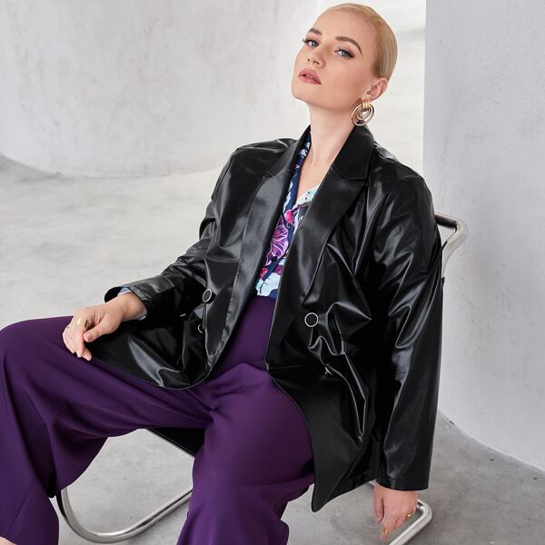 

Plus PU Leather Double Breasted Blazer, Black