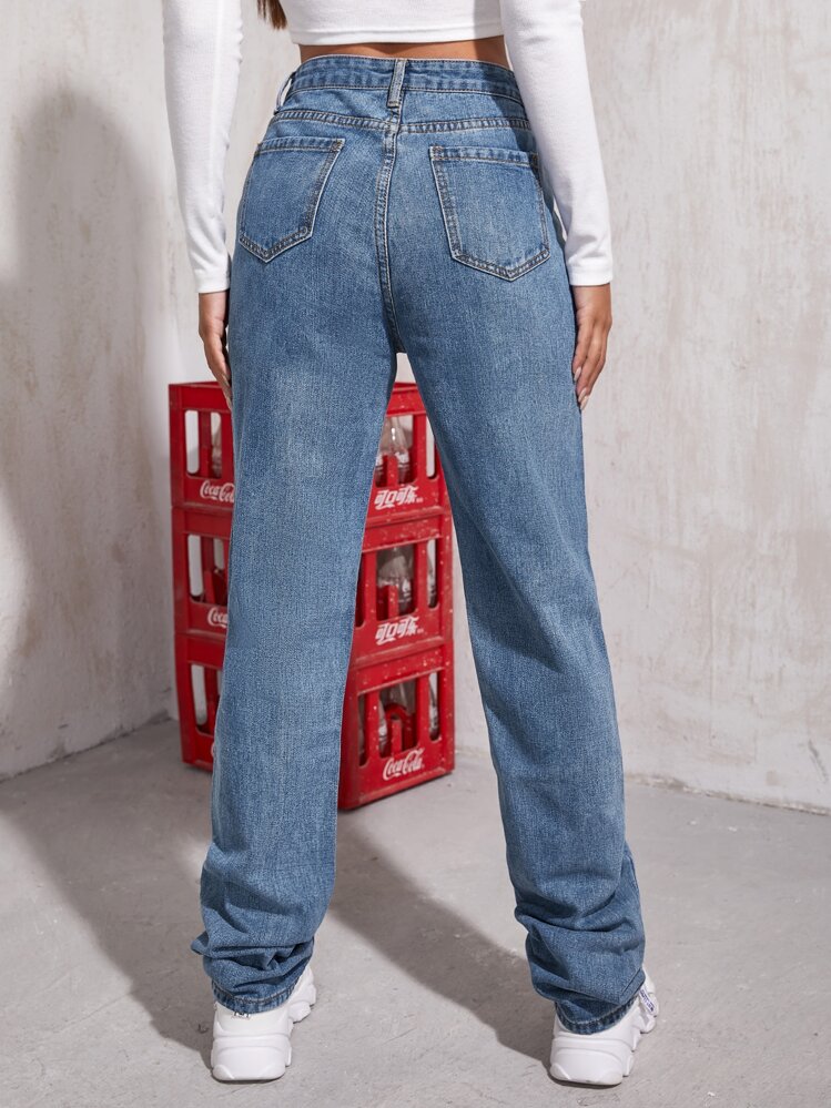 High Waist Ripped Boyfriend Jeans - Medium Wash - View 2