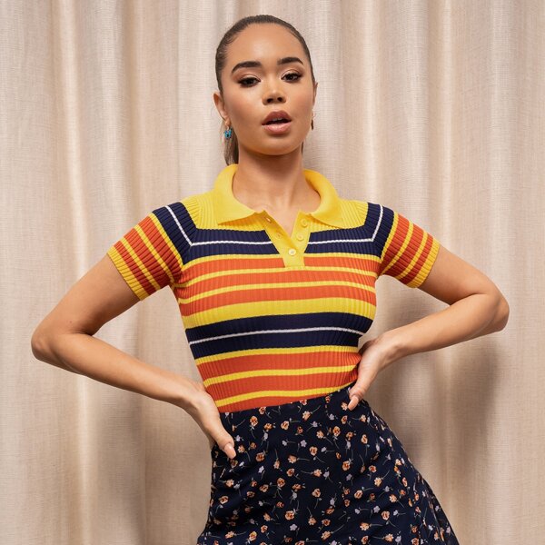 

Polo Neck Striped Rib Knit Top, Multicolor