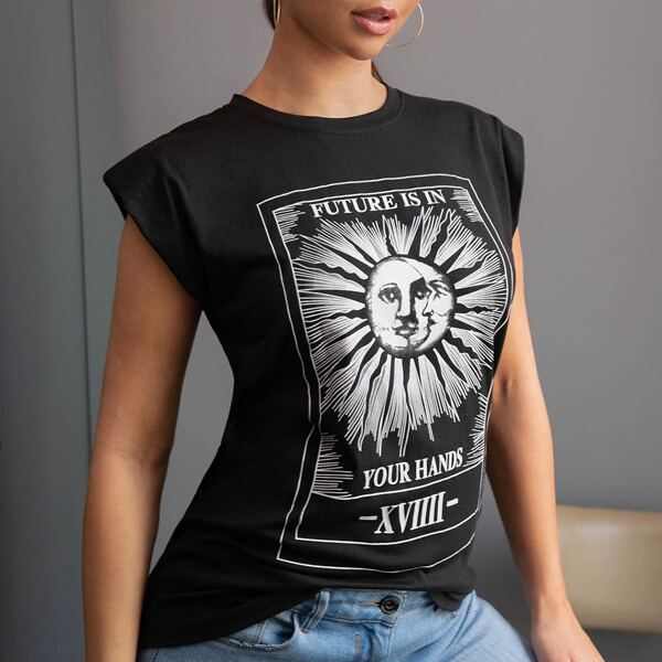 

Graphic Print Shoulder Pad Tee, Black
