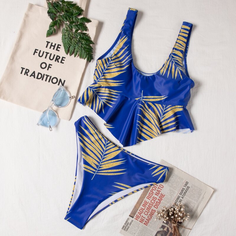 

Leaf Print Ruffle Hem Bikini Swimsuit, Blue