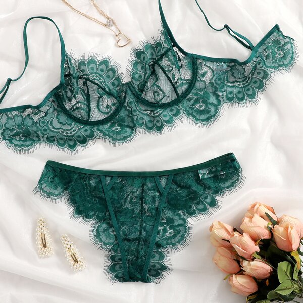 

Eyelash Lace Underwire Lingerie Set, Dark green