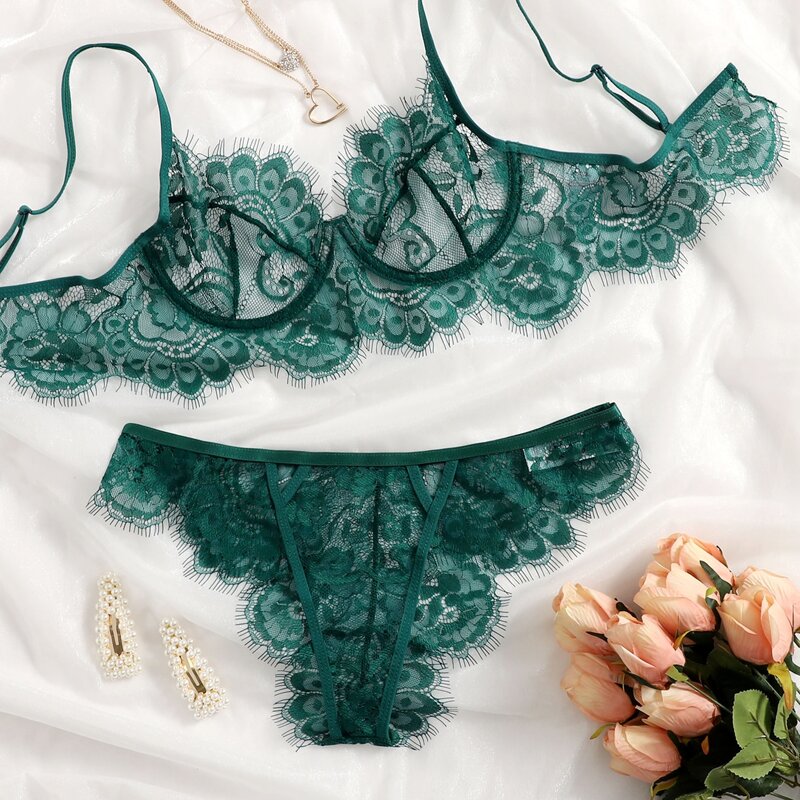 

Eyelash Lace Underwire Lingerie Set, Dark green