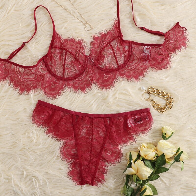 

Eyelash Lace Underwire Lingerie Set, Red