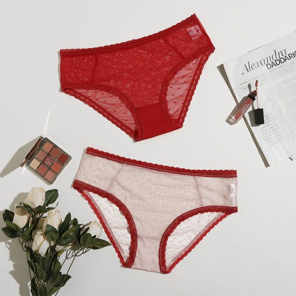 

2pack Plus Dobby Mesh Lace Trim Panty Set, Red and white