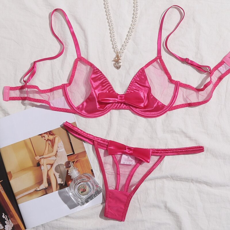 

Contrast Mesh Bow Front Underwire Lingerie Set, Hot pink