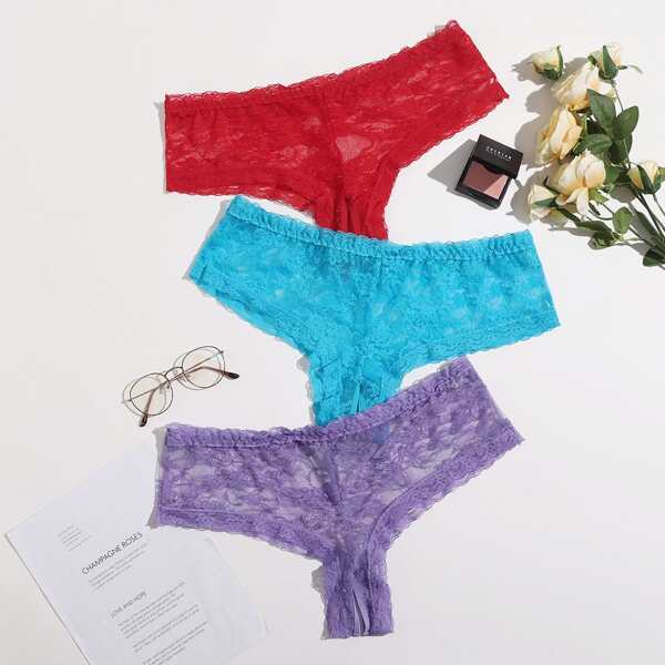 

3pack Plus Floral Lace Crotchless Panty Set, Multicolor