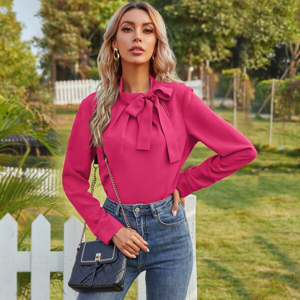 

Tie Neck Solid Blouse, Hot pink