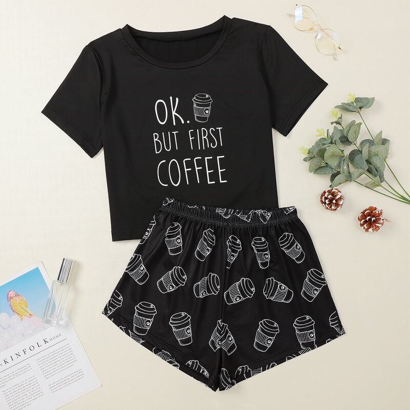 

Cup And Slogan Graphic Pajama Set, Black
