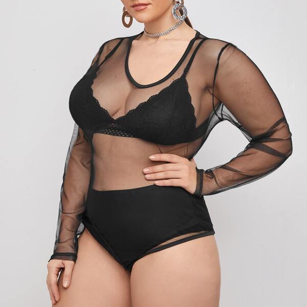

Plus Sheer Mesh Bodysuit Without Lingerie, Black