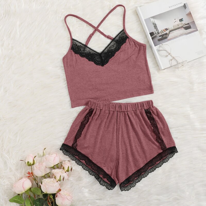 

Contrast Lace Criss Cross Back Pajama Set, Dusty pink