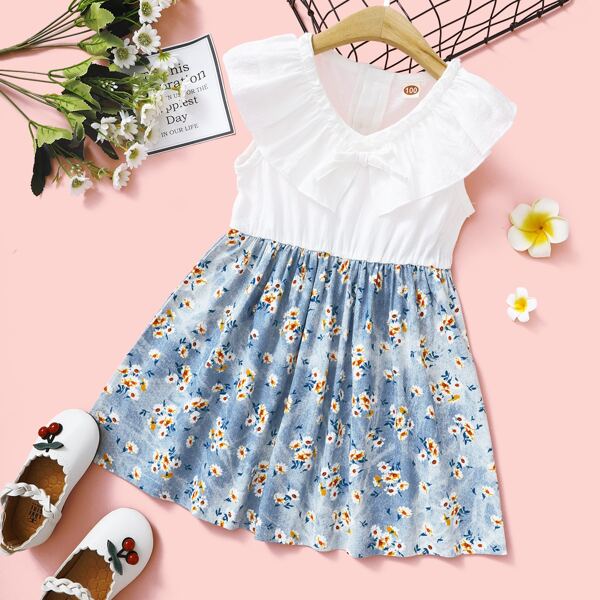 

Toddler Girls Floral Print Ruffle Trim Dress, Blue and white