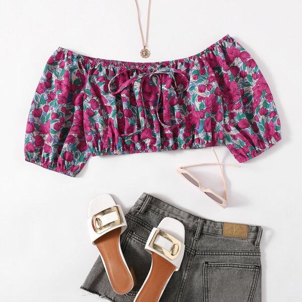 

Tie Front Ditsy Floral Print Crop Top, Multicolor