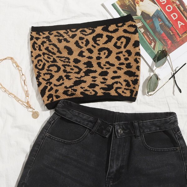 

Leopard Pattern Knit Tube Top, Multicolor