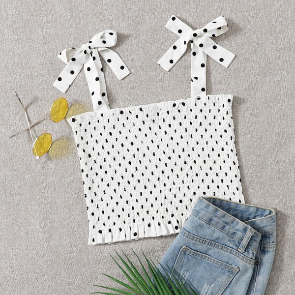 

Knot Shoulder Shirred Polka Dot Cami Top, White