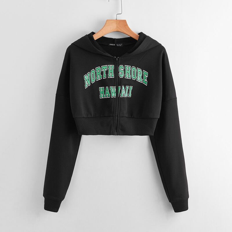 

Zip Up Drop Shoulder Letter Graphic Crop Hoodie, Black