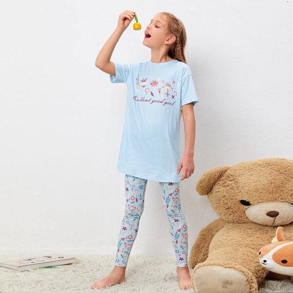 

Цветочный принт милый Домашняя одежда для девочек, Мягко нежно-голубой