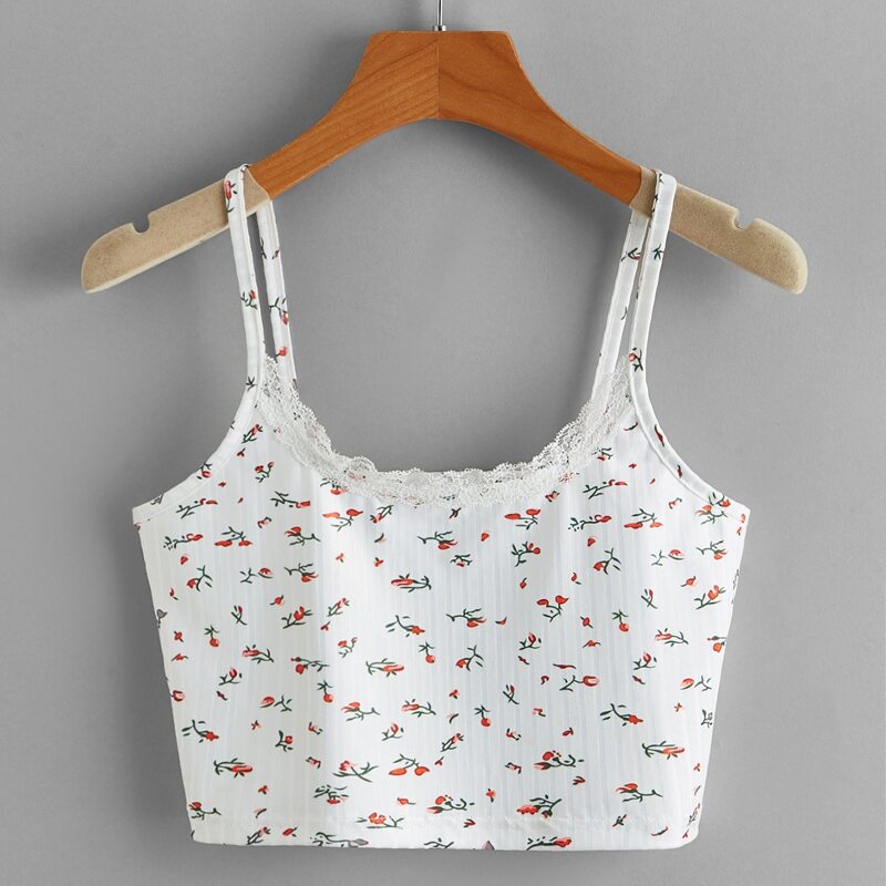 

Contrast Lace Ditsy Flower Crop Cami, White