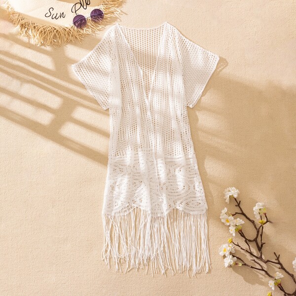 

Fringe Trim Crochet Kimono, White