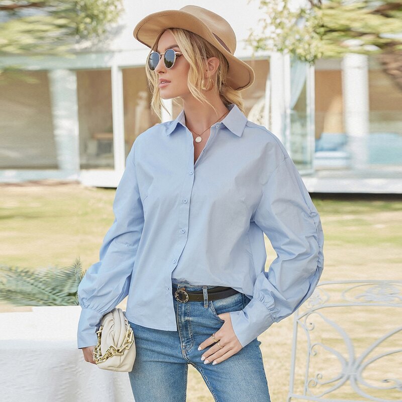

Ruched Sleeve Button Up Blouse, Dusty blue