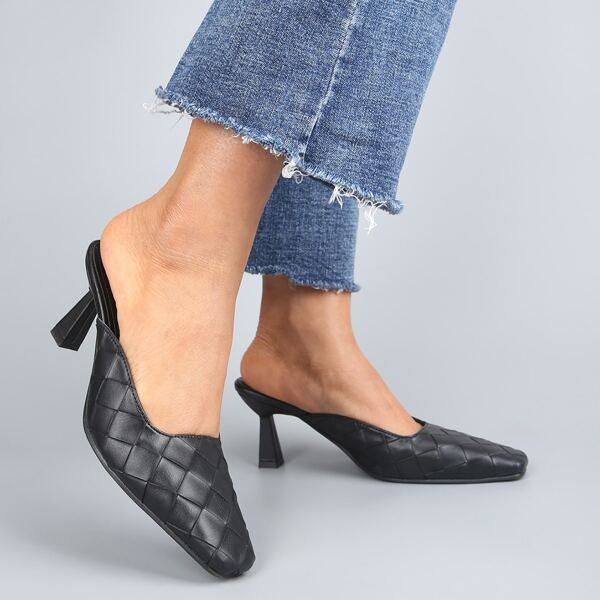 

Square Toe Spool Heeled Woven Mules, Black