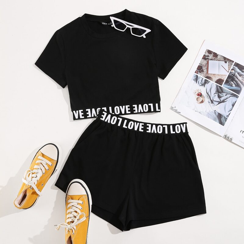 

Letter Graphic Tee & Track Shorts, Black