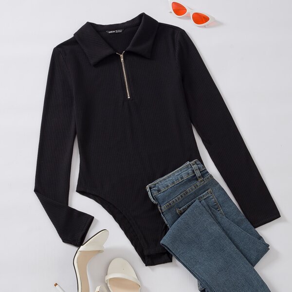 

Quarter Zipper Rib-knit Bodysuit, Black