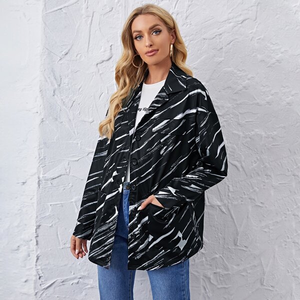 

Button Front Patch Pocket Striped Coat, Black and white