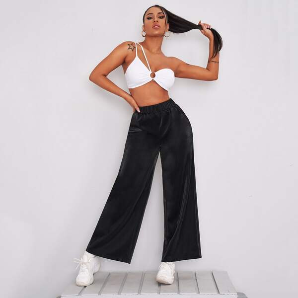 

High Waist Slant Pocket Wide Leg Pants, Black