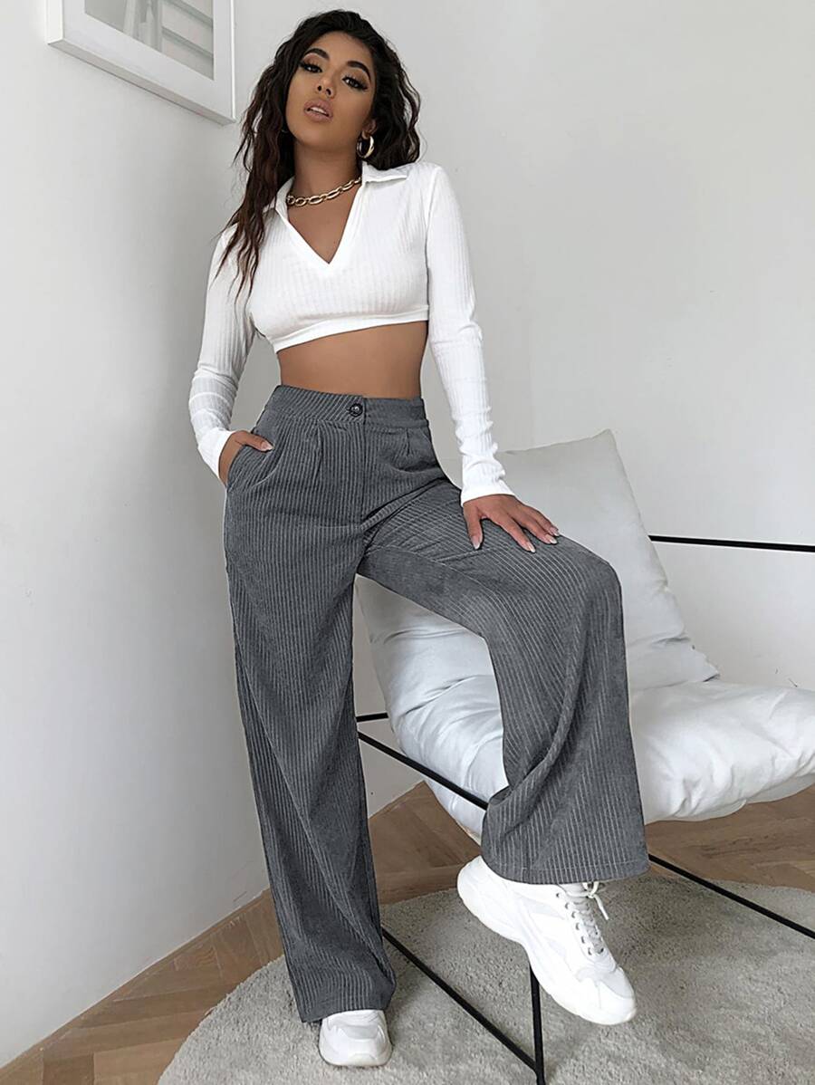 SHEIN EZwear High Waist Cord Wide Leg Pants - Grey - View 1