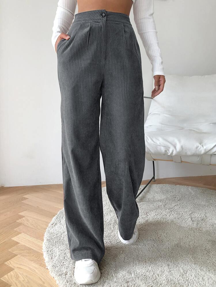 SHEIN EZwear High Waist Cord Wide Leg Pants - Grey - View 3