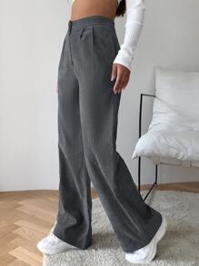 SHEIN EZwear High Waist Cord Wide Leg Pants - Grey - View 4