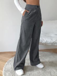 SHEIN EZwear High Waist Cord Wide Leg Pants - Grey - View 5