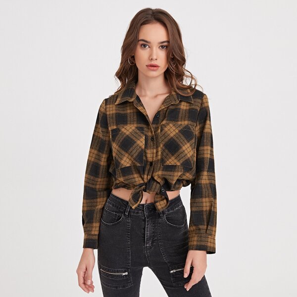 

Plaid Button Through Pocket Front Blouse, Multicolor