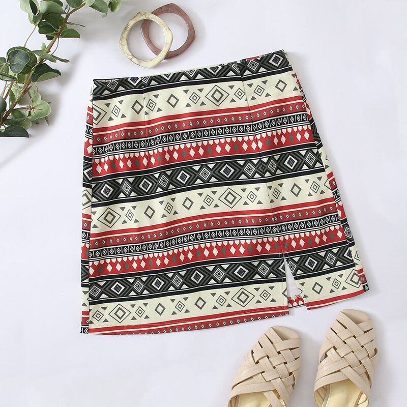 

Geo Pattern Split Hem Skirt, Multicolor