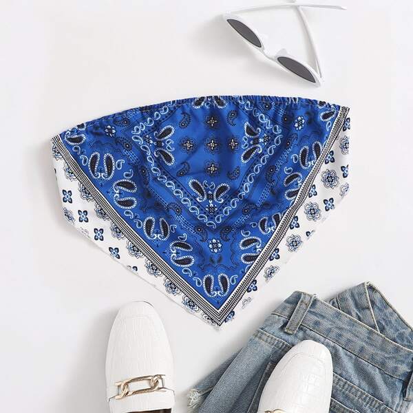 

Paisley Print Asymmetrical Hem Crop Tube Top, Blue