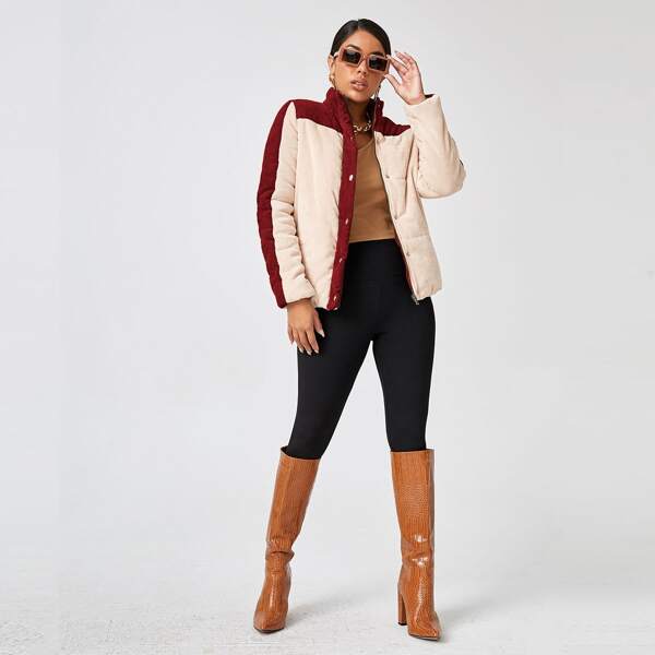 

Corduroy Contrast Panel Funnel Neck Coat, Beige