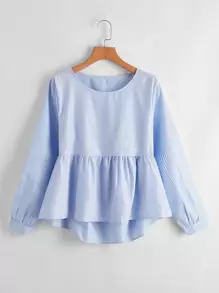 SHEIN LUNE Vertical Stripe Ruffle Hem Blouse Fall Cloth For Women - Blue and White - View 1