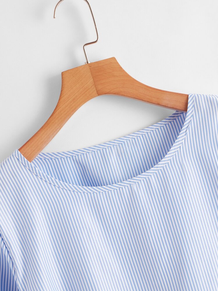 SHEIN LUNE Vertical Stripe Ruffle Hem Blouse Fall Cloth For Women - Blue and White - View 4