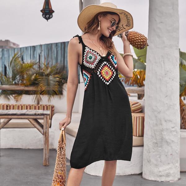 

Knot Straps Low Back Colorblock Cover Up Without Bikini, Black