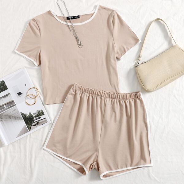 

Contrast Binding Crop Tee & Shorts Set, Apricot