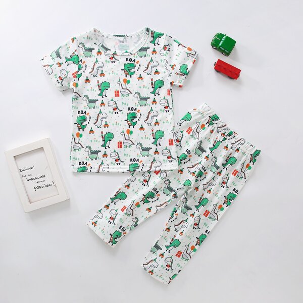 

Toddler Boys Allover Cartoon Dinosaur Print Tee & Pants, Multicolor