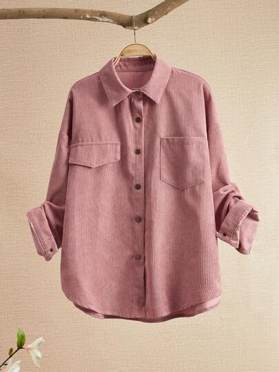 SHEIN Fiorisel 素色口袋貼布前排扣燈芯絨大衣