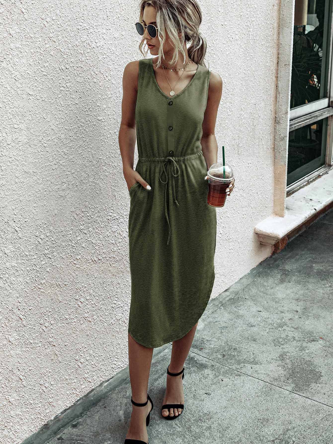 Our Solid Drawstring Waist Curved Hem Tank Dress is such a vibe - ROMWE