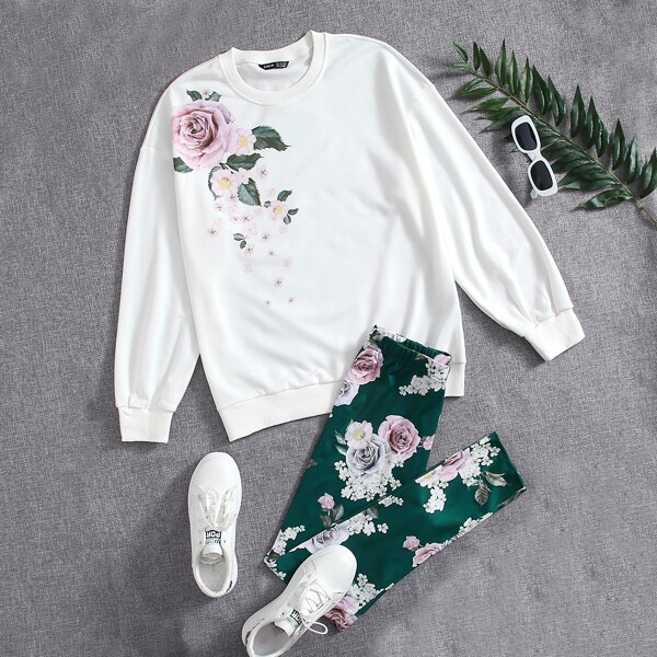 

Floral Print Pullover & Leggings Set, Multicolor