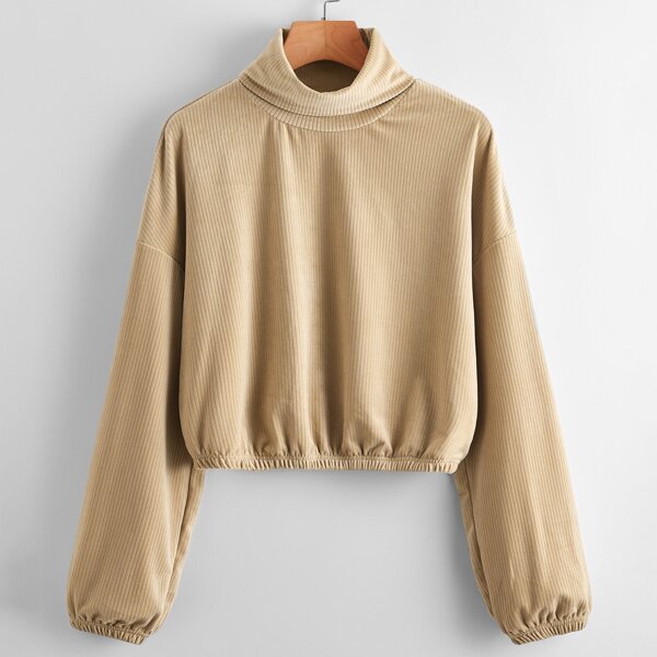 

High Neck Drop Shoulder Solid Cord Pullover, Apricot