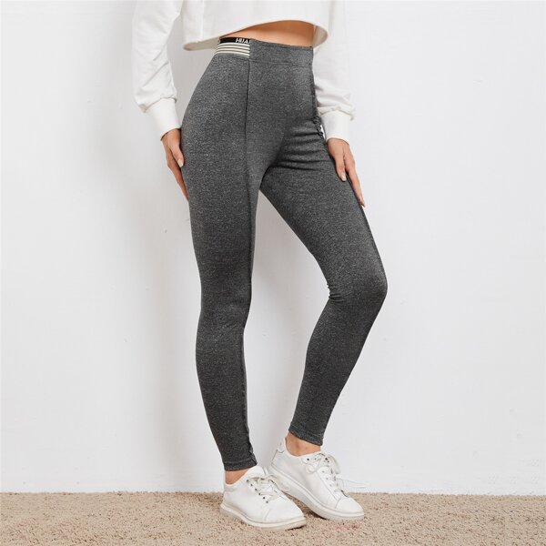 

Letter and Striped Waistband Seam Front Leggings, Dark grey