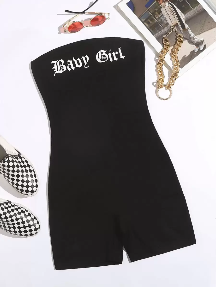 SHEIN EZwear Letter Graphic Tube Romper - Black - View 1