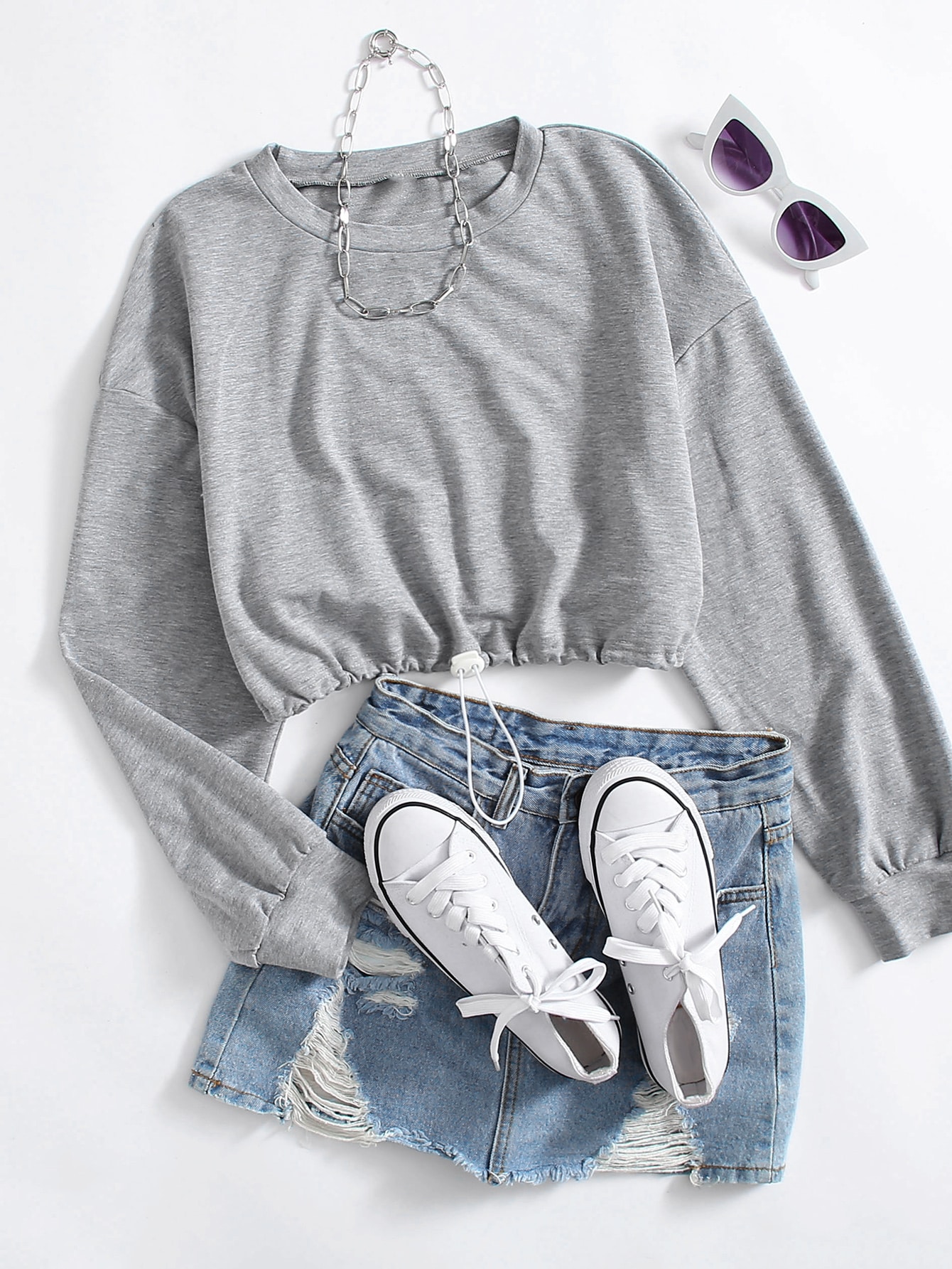 Drop Shoulder Solid Crop Sweatshirt thumbnail