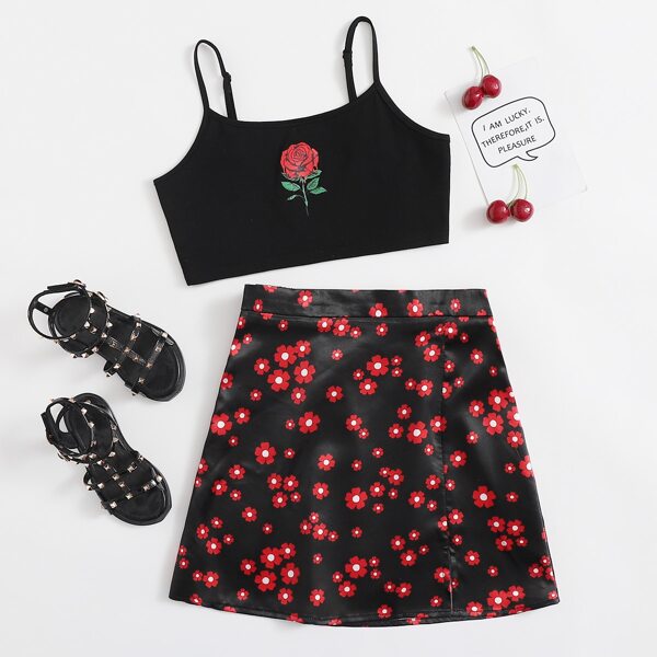 

Girls Floral Print Cami Top & Ditsy Floral Skirt Set, Black